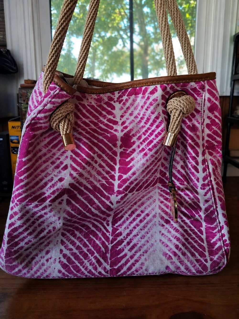 Michael Kors Marina Tote Cobweb Raspberry Pink White Canvas Tropical Tie Dye